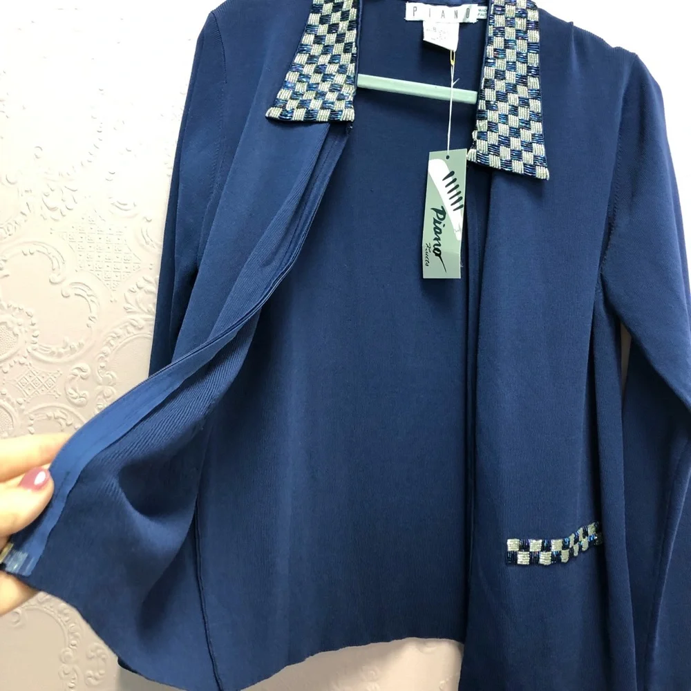 PIANO zip up sweater with sequin faux pockets and collar sparkling charm… - Picture 9 of 12